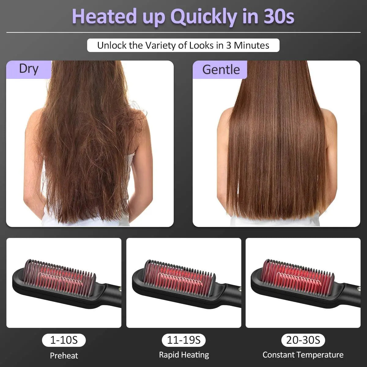 Hair Straightener Brush Hot Comb Ionic Straightening Brush with Anti Scald Fast Ceramic Heating Portable Hot Straightening Comb