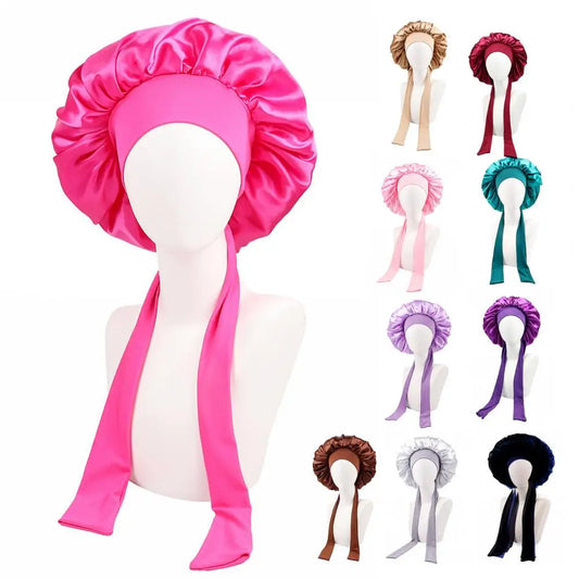 Women Shower Cap Sleeping Satin Bonnet Lace-up Bow Waterproof Women Braids Curly Night Hat Beauty Parlor Cap Salon Hat