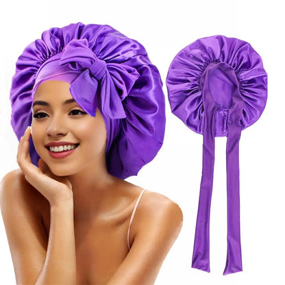 Women Shower Cap Sleeping Satin Bonnet Lace-up Bow Waterproof Women Braids Curly Night Hat Beauty Parlor Cap Salon Hat